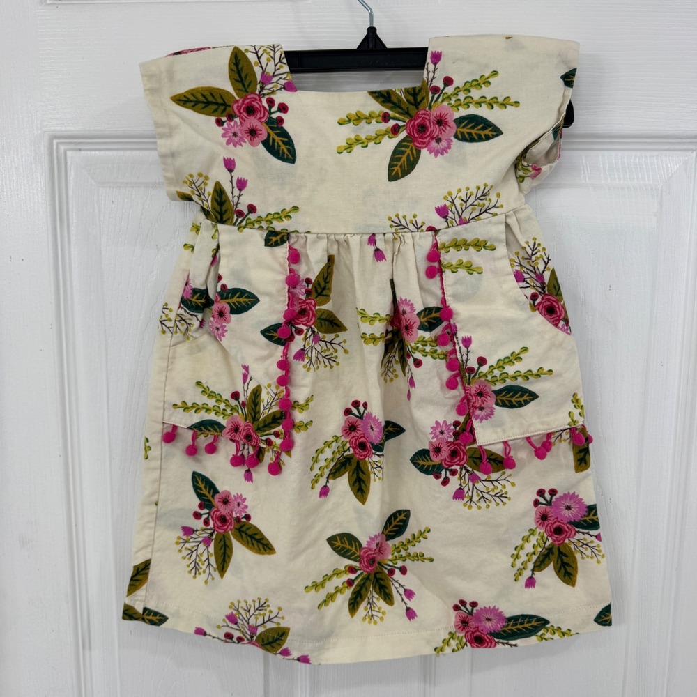 Le' Za Me Girls Floral Pom Pom Pocket Dress Cream Pink 3T Flutter Sleeve